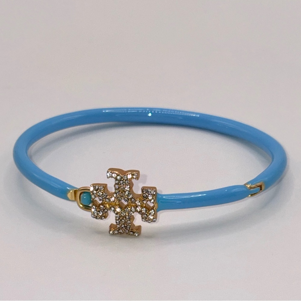 New Tory Burch Eleanor Pave Hinged Cuff Bracelet - Blue & Gold